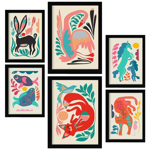 Set Di 6 Stampe Line Breed 1 In Animali Astratti Dipinti Decorativi Estetici Per Il Tuo Soggiorno, Camera Da Letto, Casa A3 & A4 Cornice Nera - Foto 1