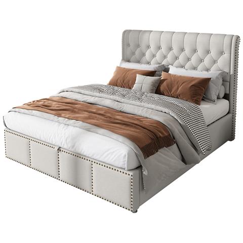 Letto Imbottito In Lino E Cotone Con Spazio Di Archiviazione - Foto 1