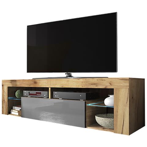 Bianko - Mobile Tv Moderno / Tavolino Tv / Porta Tv Elegante Con Ripiani In Vetro 140 Cm (quercia Dorata / Grigio Lucido, Con Led) - Foto 1