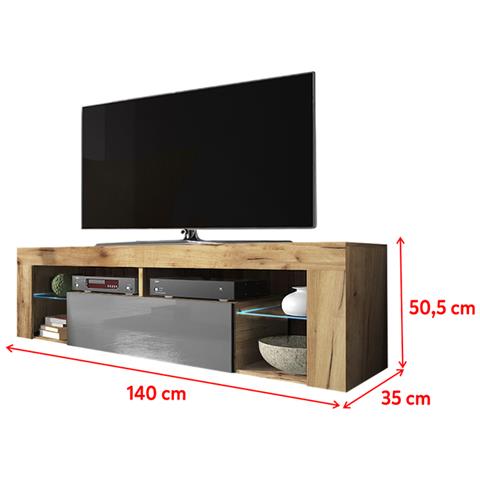 Bianko - Mobile Tv Moderno / Tavolino Tv / Porta Tv Elegante Con Ripiani In Vetro 140 Cm (quercia Dorata / Grigio Lucido, Con Led) - Foto 4