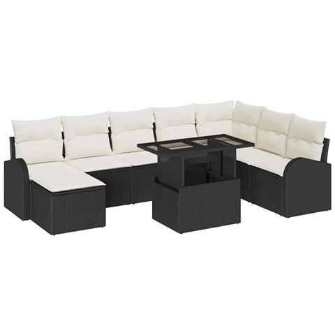 Set di Divani da Giardino 9 Pezzi con Cuscini Nero Polyrattan - Foto 1