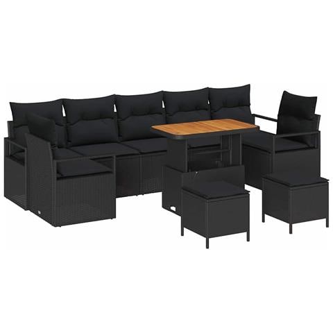 Set di divani da giardino in 10 pezzi con cuscini, nero, polyrattan, acacia,  Divano da giardino a 2 posti con spazio di stoccaggio e cuscini, nero, polyrattan,  Set da pranzo da giardino in 3 pezzi con cuscini, nero, polyrattan, acacia - Foto 1