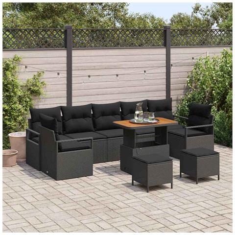 Set di divani da giardino in 10 pezzi con cuscini, nero, polyrattan, acacia,  Divano da giardino a 2 posti con spazio di stoccaggio e cuscini, nero, polyrattan,  Set da pranzo da giardino in 3 pezzi con cuscini, nero, polyrattan, acacia - Foto 2