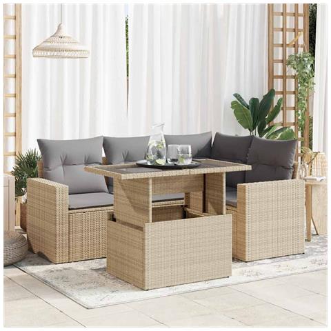 Set Divano da Giardino 5 pz con Cuscini Beige in Polyrattan - Foto 2