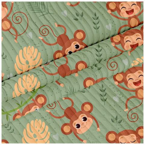 Tessuto Di Velluto A Coste Verde Con Motivo Di Scimmie 1m X 140cm Per Decorazioni - Foto 1