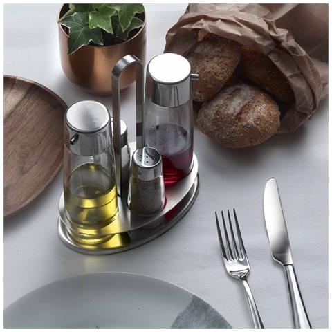 Set Oliera 4 Posti TASTE - In Acciaio Inox con Contenitori in Vetro Antigoccia - Design Elegante e Minimal per Olio, Aceto, Sale e Pepe - Foto 2