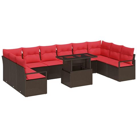 Set Divano da Giardino 11 pcs Marrone e Rosso polyrattan - Foto 1