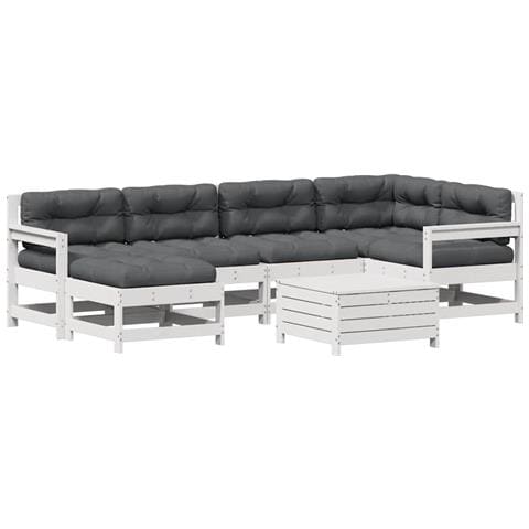 Set Salotto Giardino 7pz con Cuscini Bianco Legno Massello Pino - Foto 1