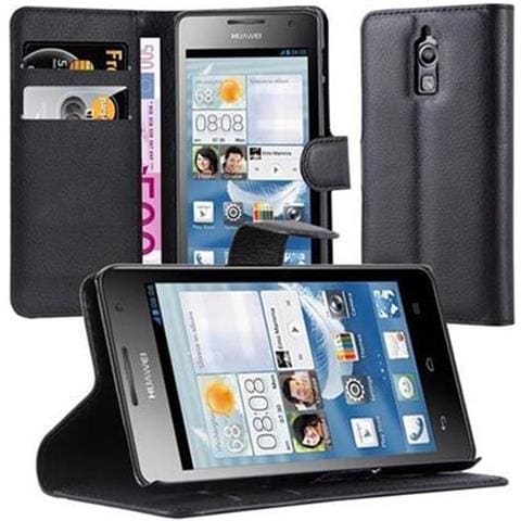 Custodia Compatibile Con Huawei Ascend G526 In Nero Carbone - Coperchio Protettiva Con Chiusura Magnetica, Funzione Stand E Tasca Per Le Carte - Foto 1