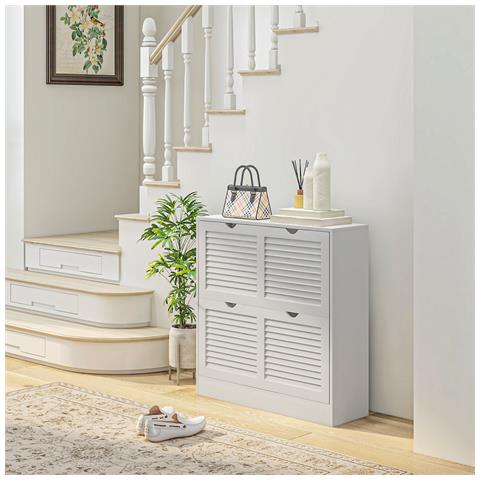 Mobile Scarpiera Salvaspazio In Legno Per 16 Paia Di Scarpe Con 2 Ante A Ribalta, 81.5x25x83cm, Bianco - Foto 2