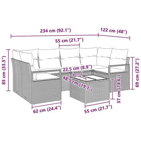 Set di divani da giardino  con cuscini in polyrattan grigio 7 Pezzi, Divano da giardino a 2 posti con cuscini in polyrattan grigio - Foto 9
