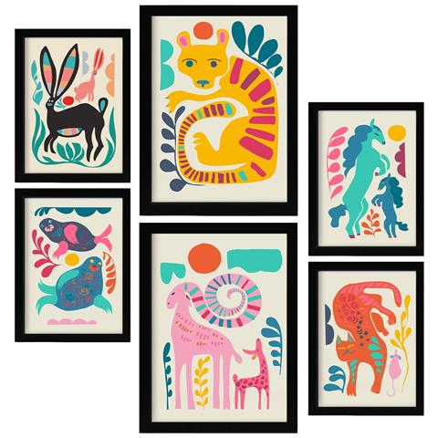 Set Di 6 Stampe Line Breed 2 In Animali Astratti Dipinti Decorativi Estetici Per Il Tuo Soggiorno, Camera Da Letto, Casa A3 & A4 Cornice Nera - Foto 1