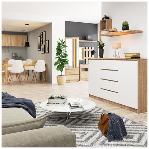 Cassettiera K160, 2 ante e 4 cassetti, 160x40x99 cm, Colore Sonoma Quercia e Bianco - Foto 6