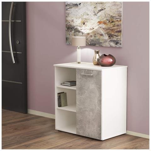 Mobiletto Credenza Da Interno Soggiorno Salotto In Legno Nobilitato Bilaminato Con 1 Anta E 3 Ripiani Linea Classic - Bianco Anta Grigio Chiaro - Foto 1