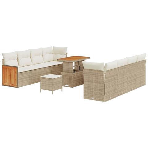 Set di Divani da Giardino in 11 Pezzi con Cuscini Beige Polyrattan Acacia, Set di Pranzo da Giardino in 3 Pezzi con Cuscini Beige Polyrattan Acacia - Foto 1