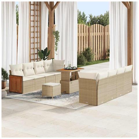 Set di Divani da Giardino in 11 Pezzi con Cuscini Beige Polyrattan Acacia, Set di Pranzo da Giardino in 3 Pezzi con Cuscini Beige Polyrattan Acacia - Foto 2