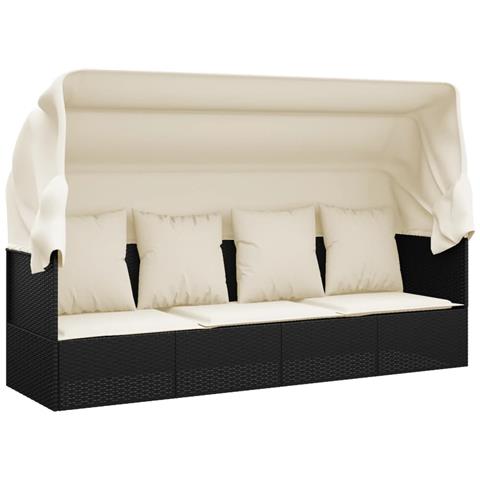 Lettino Prendisole Esterno con Tetto e Cuscini Nero Polyrattan - Foto 1
