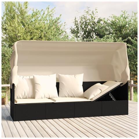 Lettino Prendisole Esterno con Tetto e Cuscini Nero Polyrattan - Foto 2