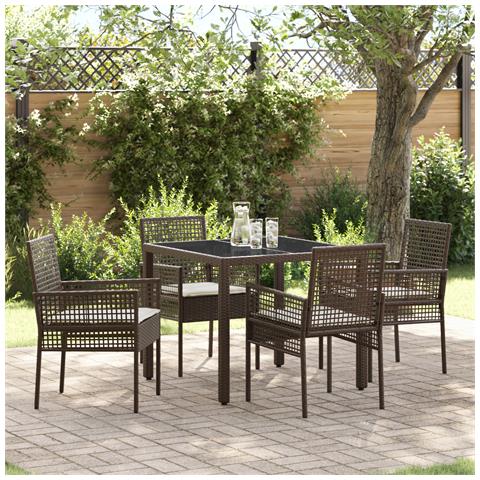 Set da Pranzo da Giardino 5 Pezzi con Cuscini Rattana Polipropilene Marrone - Foto 2