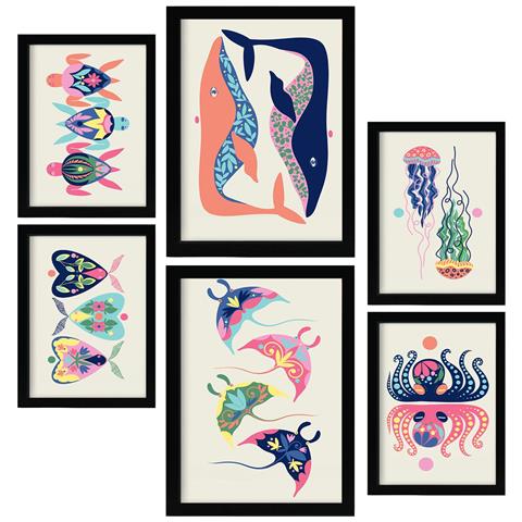 Set Di 6 Stampe Creature Acquatiche In Animali Astratti Dipinti Decorativi Estetici Per Il Tuo Soggiorno, Camera Da Letto, Casa A3 & A4 Cornice Nera - Foto 1