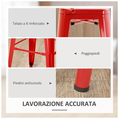 Set 2 Sgabelli da Bar Industriale con Schienale Rimovibile e Poggiapiedi, in Metallo, 44x49x116 cm, Rosso - Foto 2