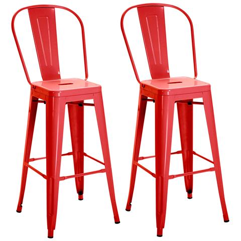 Set 2 Sgabelli da Bar Industriale con Schienale Rimovibile e Poggiapiedi, in Metallo, 44x49x116 cm, Rosso - Foto 1