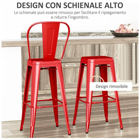 Set 2 Sgabelli da Bar Industriale con Schienale Rimovibile e Poggiapiedi, in Metallo, 44x49x116 cm, Rosso - Foto 6