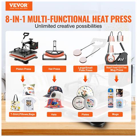 Termopressa Pressa Di Calore 8 In 1 Potenza 1250w 38 X 30 Cm 200-450 °f Pressa A Caldo Per Applicare Lettere Numeri E Su Cappellini Magliette - Foto 2