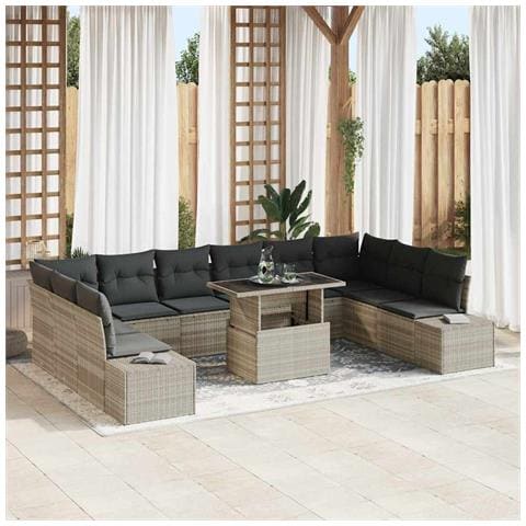 Set di divani da giardino in 11 pezzi con cuscini grigio chiaro in polirattan - Foto 2