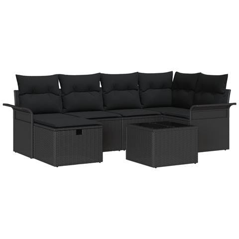 Set divano da giardino 7 pezzi con cuscini in polyrattan nero,  Divano da giardino 2 posti con spazio di stoccaggio e cuscini in polyrattan nero - Foto 1