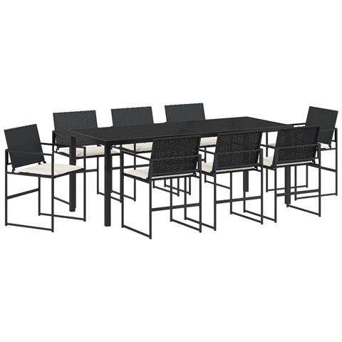 Set da Pranzo da Giardino 9 Pezzi con Cuscini Nero Rattan Polimerico - Foto 1