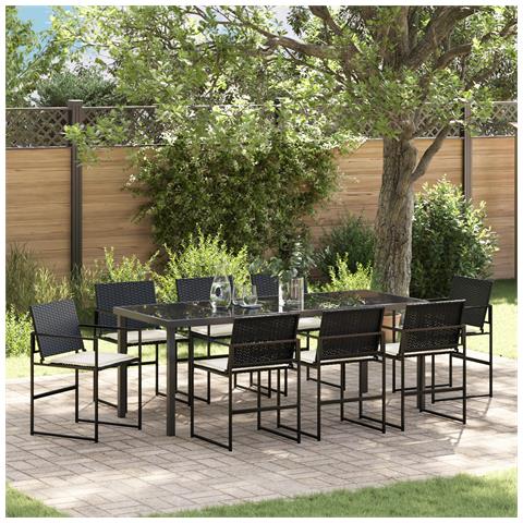 Set da Pranzo da Giardino 9 Pezzi con Cuscini Nero Rattan Polimerico - Foto 2