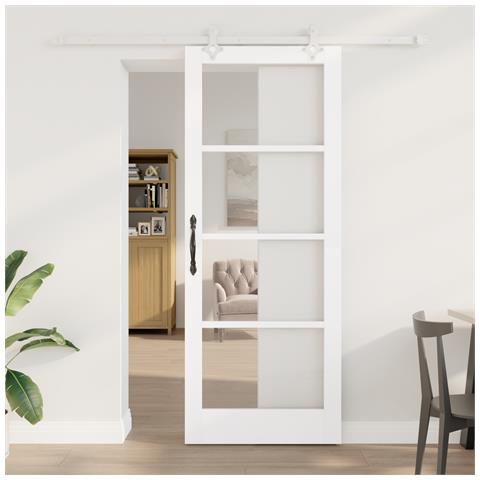 Set di Porte Scorrevoli  con Kit di Hardware Bianco 83x211 cm Legno Massello di Pino, Porta Interna  con Vetro 'ORKDAL'Bianca 83x211x4 cm - Foto 2