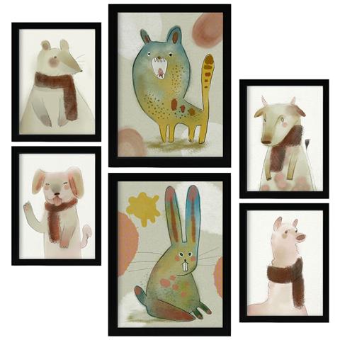Set Di 6 Stampe Coniglietti E Cuccioli 1 In Animali Astratti Dipinti Decorativi Estetici Per Il Tuo Soggiorno, Camera Da Letto, Casa A3 & A4 Cornice Nera - Foto 1