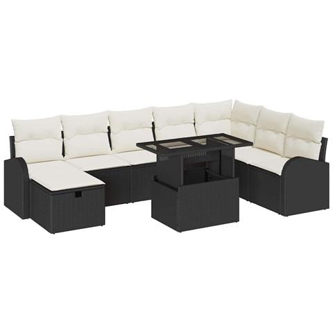 Set di divani da giardino 9 pezzi con cuscini Nero Polyrattan - Foto 1
