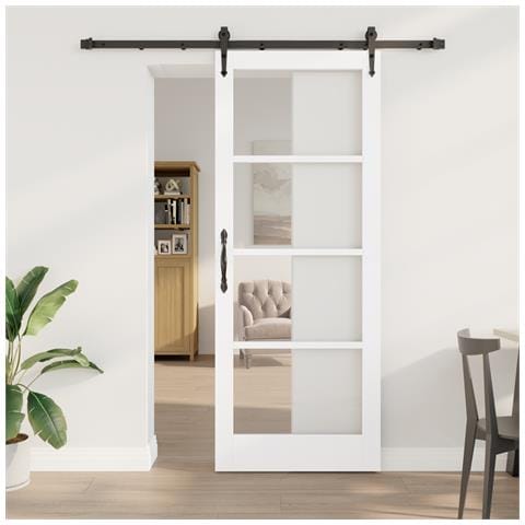 Porta scorrevole con kit di attrezzatura Bianco 83x211 cm Legno massello in pino, Porta interna con vetro 'ORKDAL'Bianca 83x211x4 cm - Foto 2