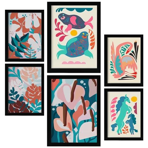Set Di 6 Stampe Armonia Vivente Negli Animali Astratti Dipinti Decorativi Estetici Per Il Tuo Soggiorno, Camera Da Letto, Casa A3 & A4 Cornice Nera - Foto 1