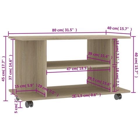 Mobile TV con Ruote Rovere Sonoma 80x40x45 cm Legno Multistrato - Foto 2