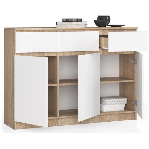 Cassettiera K140, 3 ante e 3 cassetti, 138x40x99 cm, Colore Sonoma Quercia e Bianco - Foto 2