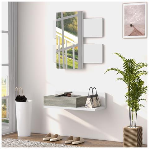 Mobile Da Ingresso 2 In 1 Con Specchio Da Parete 75x3.5x75 Cm E Cassetto 75x30.5x20 Cm, Grigio E Bianco - Foto 6