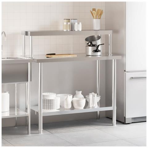 Tavolo Lavoro Cucina Con Ripiano 110x55x120 Cm Acciaio Inox - Foto 3