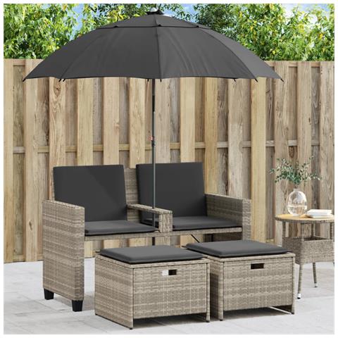 Divano 2Posti Ombrellone e Sgabelli Grigio Chiaro Polyrattan - Foto 2