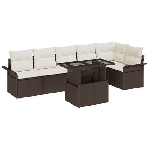 Set divano da giardino 7 pezzi con cuscini in rattan poliestere marrone, Divano da giardino per 2 persone con spazio e cuscini in rattan poliestere marrone - Foto 1
