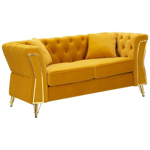 Divano Emy Con Cuscini In Poliestere Senape E Gambe Oro 162x83x76 Cm - Foto 1