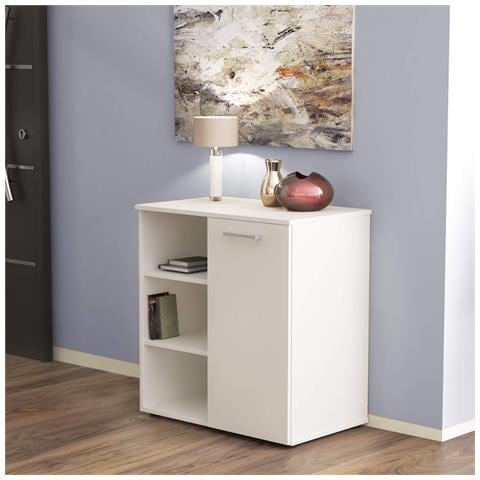 Mobiletto Credenza Da Interno Soggiorno Salotto In Legno Nobilitato Bilaminato Con 1 Anta E 3 Ripiani Linea Classic - Bianco - Foto 1