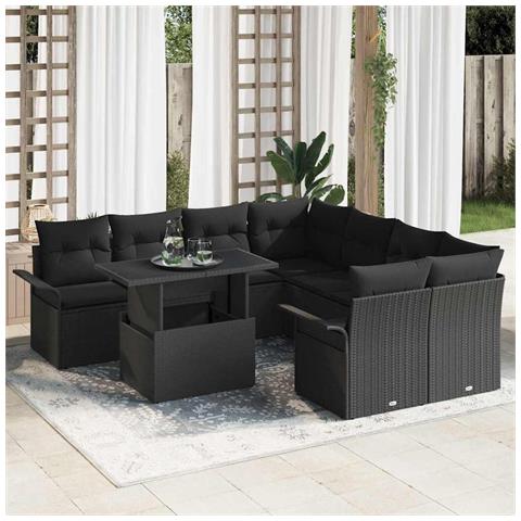 Set di Divani da Giardino 9 Pezzi con Cuscini Nero Polyrattan - Foto 2