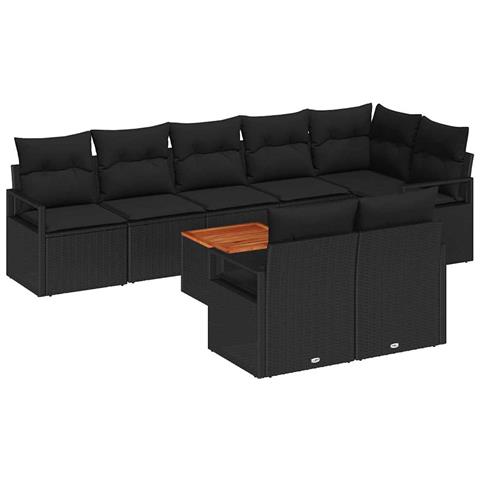 Set Divano da Giardino  9 Pezzi con Cuscini in Rattan Polimerico Nero e Acacia, Divano da Giardino  2 Posti con Cuscini in Rattan Polimerico Nero - Foto 1