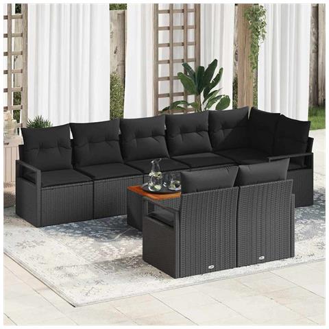 Set Divano da Giardino  9 Pezzi con Cuscini in Rattan Polimerico Nero e Acacia, Divano da Giardino  2 Posti con Cuscini in Rattan Polimerico Nero - Foto 2