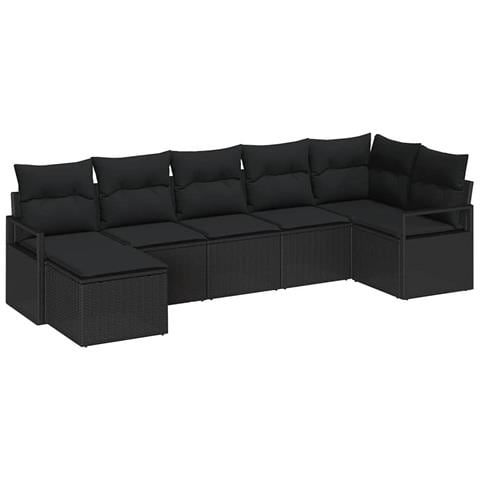 Set divano da giardino 7 pezzi con cuscini in rattan poly nero, Divano da giardino 2 posti con cuscini in rattan poly nero - Foto 1
