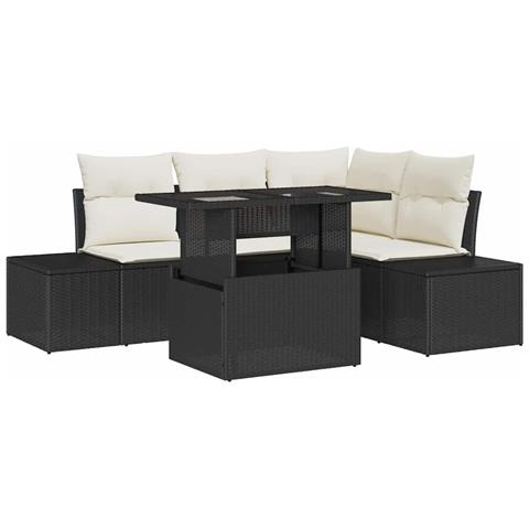 Set Divano Giardino 5 Pezzi con Cuscini Neri in Poli Rattan - Foto 1